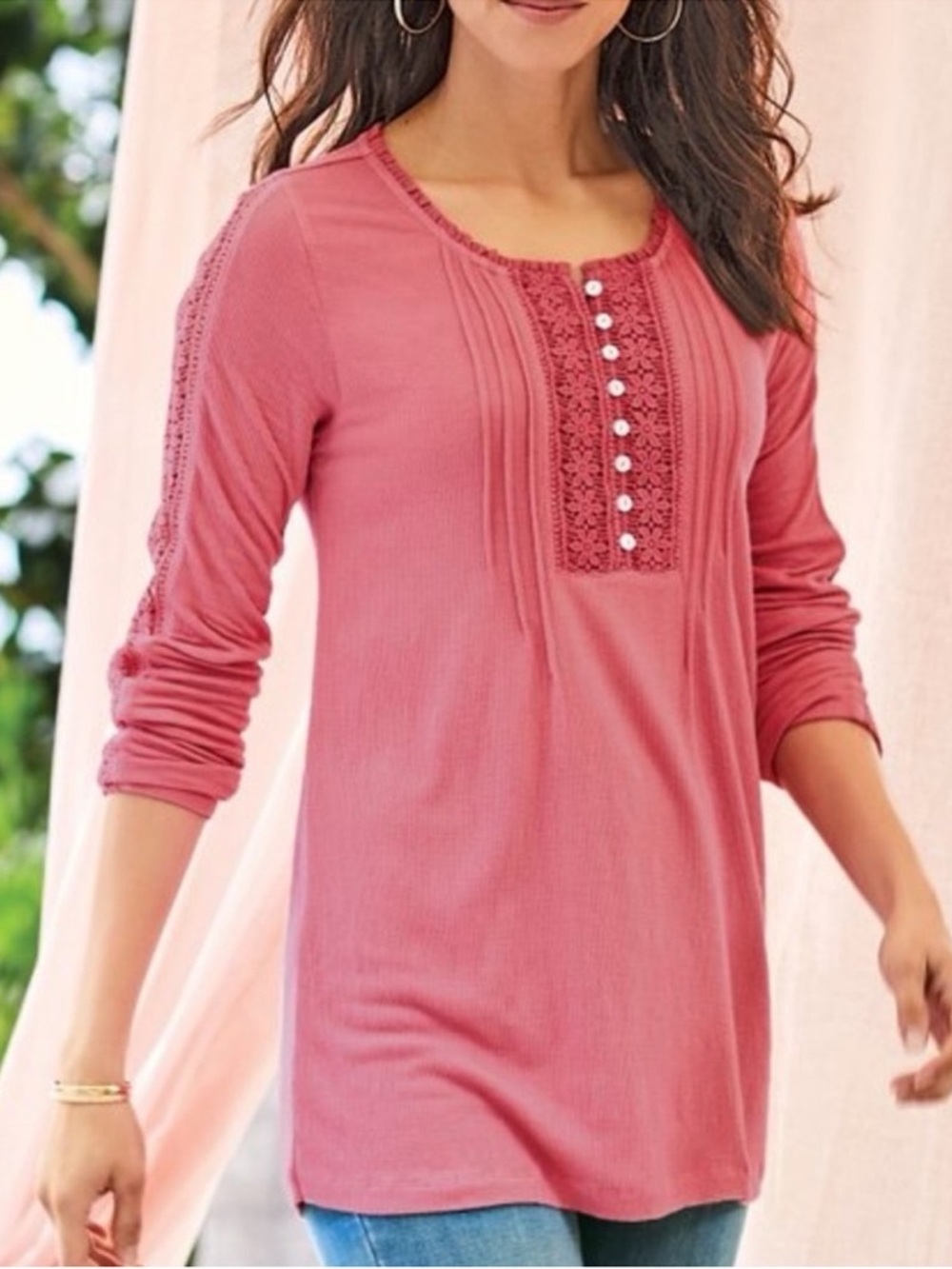 Soft Surroundings Rose Lace-Trim Henley Long Sleeve Top Buttery Soft Cozycore M